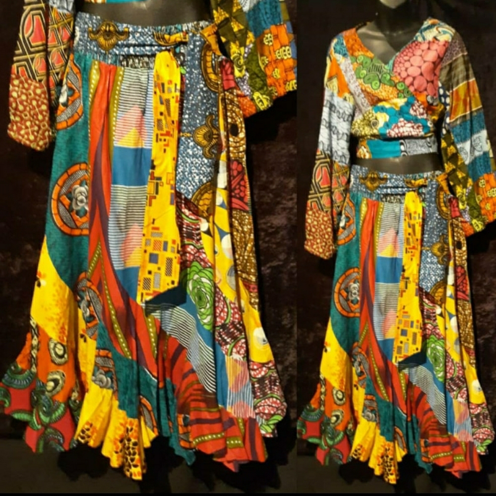 Cotton patchquilt ruffled long skirts